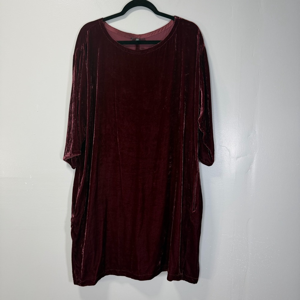 Eileen Fisher Deep Burgundy Velvet Half Sleeve Tunic Dress W/Pockets NWOT‎ Large